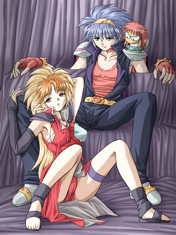 1990s_(style), 1boy, 1girl, armor, bad_id, bad_pixiv_id, belt, blonde_hair