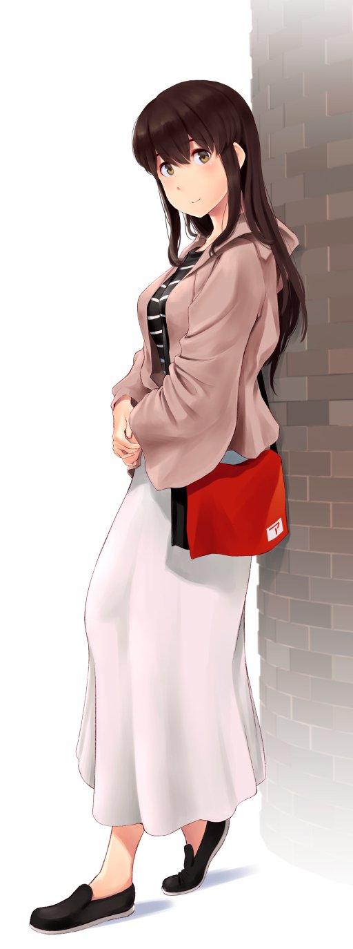1girl, against_wall, akagi_(kancolle), akagi_(kure_2019)_(kancolle), bag, blush, breasts, brown_eyes