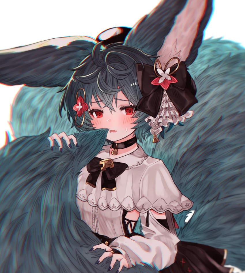1girl, absurdres, alternate_costume, animal_ears, backless_outfit, black_choker, black_nails, blue_hair