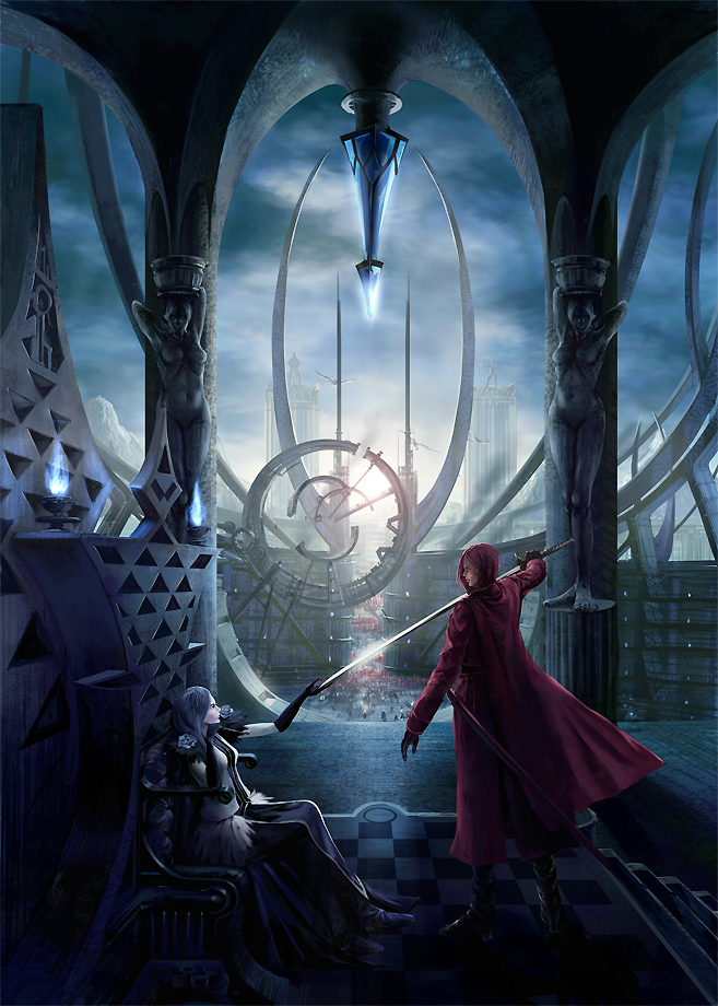 1boy, 1girl, army, battle, cloud, elaine_(pixiv_fantasia), gigandal_federation, noba, on_throne, pixiv_fantasia, pixiv_fantasia_3, sky, statue, sunlight, sword, throne, weapon, yata_(pixiv_fantasia)