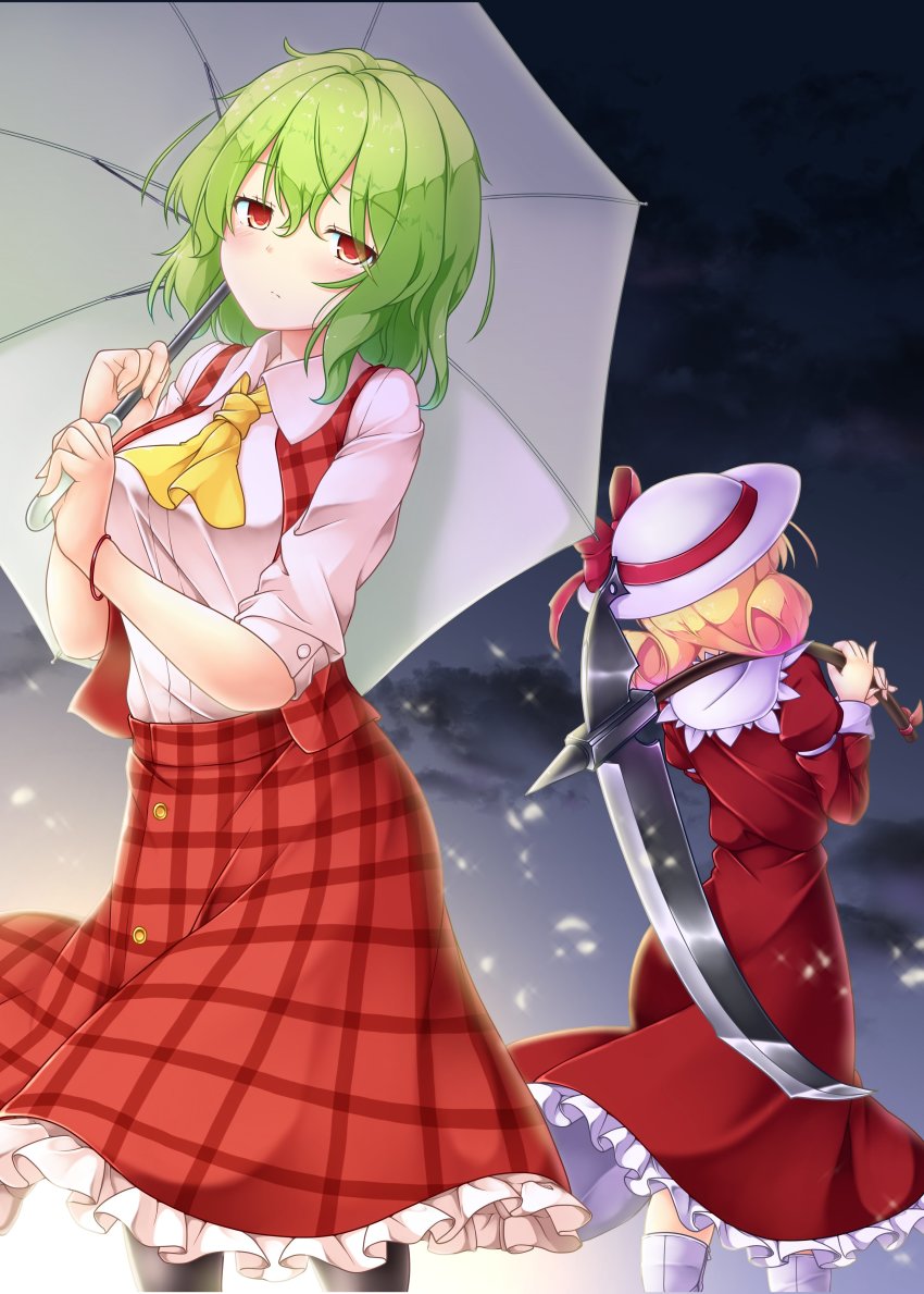 2girls, absurdres, aka_tawashi, ascot, ass, blonde_hair, blush, bow, breasts, commentary_request, dress, elly_(touhou), feet_out_of_frame, from_behind, green_hair, green_umbrella, hair_between_eyes, hat, hat_bow, highres, holding, holding_scythe, holding_umbrella, holding_weapon, juliet_sleeves, kazami_yuuka, large_breasts, long_sleeves, looking_at_viewer, multiple_girls, over_shoulder, pantyhose, petticoat, plaid_clothes, plaid_skirt, plaid_vest, puffy_sleeves, red_bow, red_dress, red_eyes, red_ribbon, red_skirt, red_vest, ribbon, scythe, shirt, short_hair, short_sleeves, skirt, standing, touhou, touhou_(pc-98), umbrella, vest, weapon, weapon_over_shoulder, white_headwear, white_shirt, wing_collar, yellow_ascot