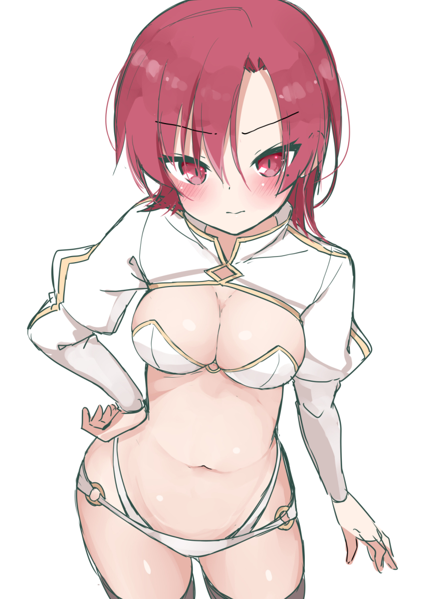 1girl, bazett_fraga_mcremitz, black_thighhighs, blush, boudica_(fate), boudica_(fate)_(cosplay), breasts, cleavage