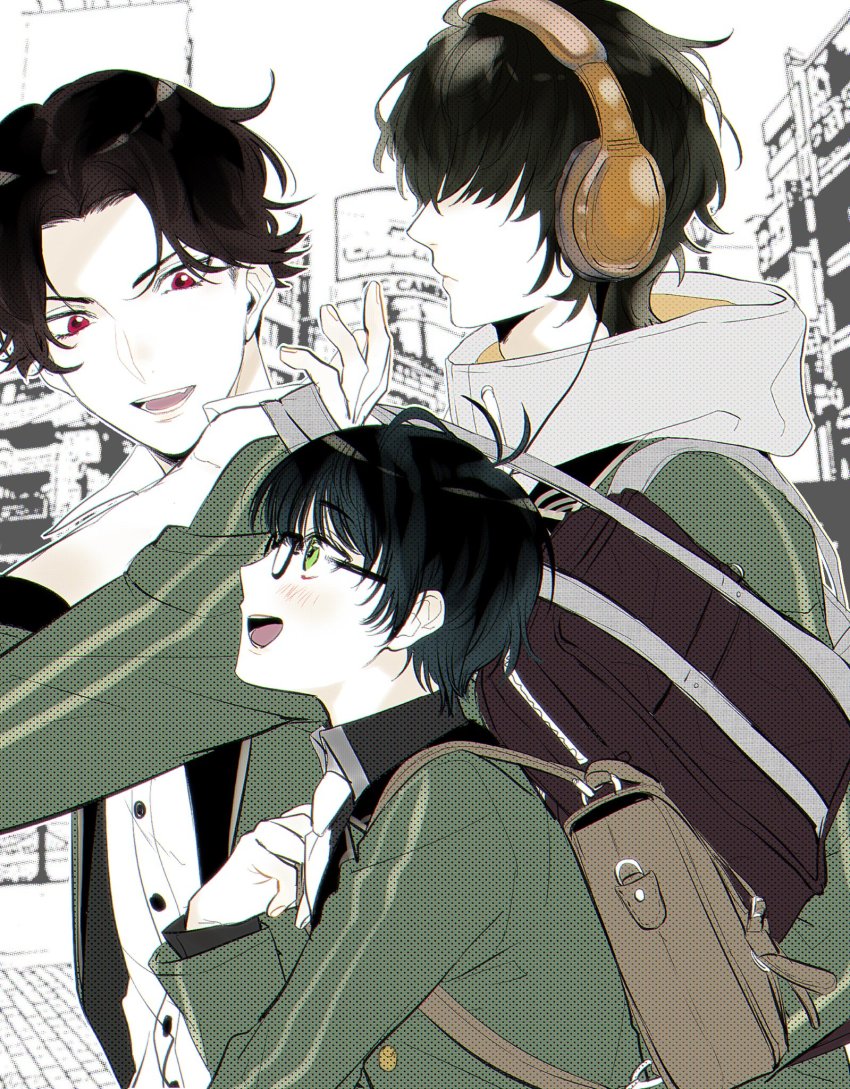 3boys, black_hair, buzen_gou, glasses, green_eyes, green_hair, hair_over_eyes, height_difference