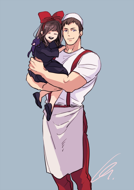 1boy, 1girl, amane_(idolmaster), apron, brown_hair, carrying, child, cosplay, grey_background, halloween, idolmaster, idolmaster_side-m, kiki_(majo_no_takkyuubin), kiki_(majo_no_takkyuubin)_(cosplay), looking_at_viewer, majo_no_takkyuubin, pants, red_pants, shingen_seiji, simple_background, smile, stuffed_animal, stuffed_cat, stuffed_toy, suspenders, uncle_and_niece, waist_apron