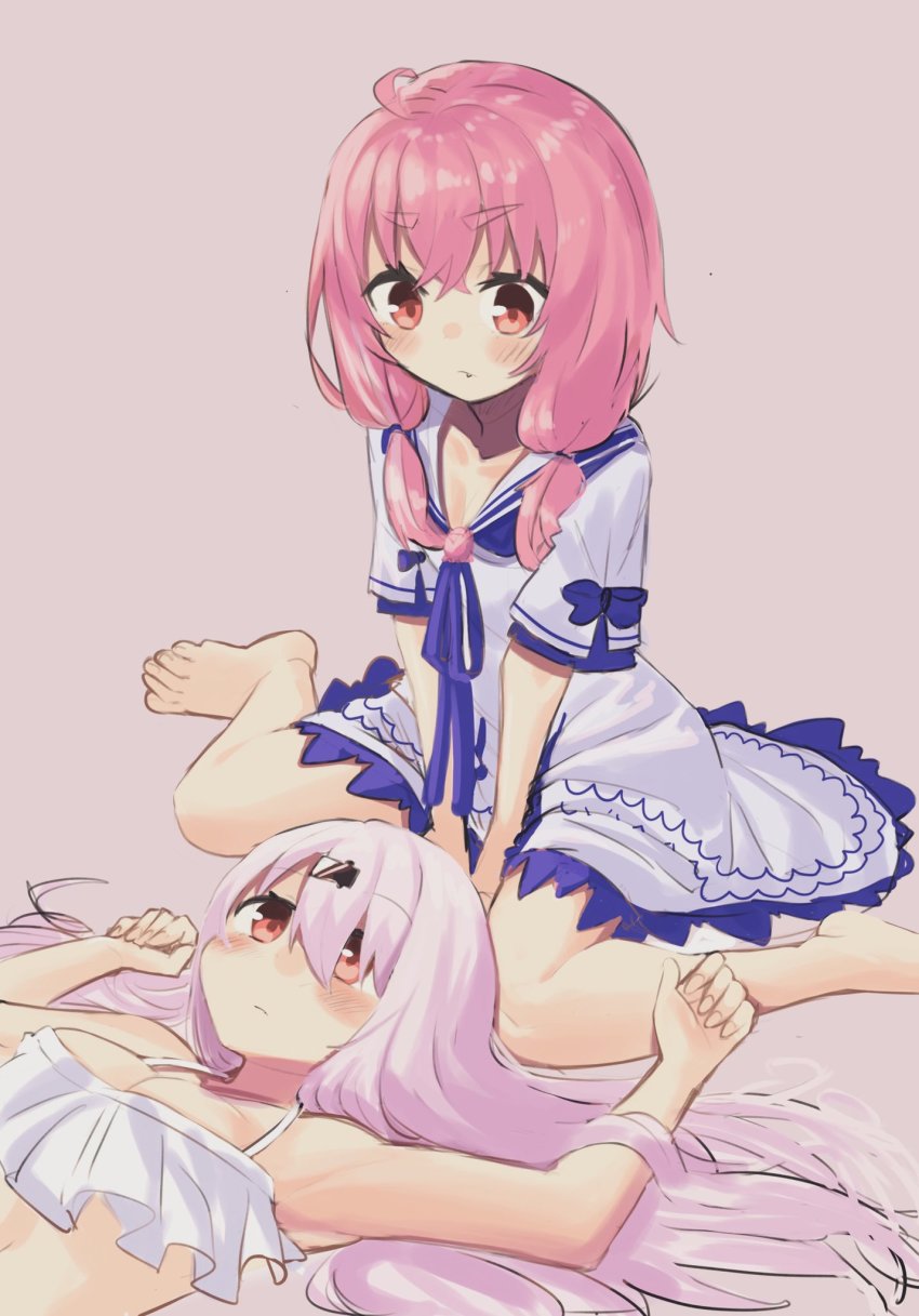 2girls, arm_up, bare_arms, bare_shoulders, barefoot, bikini, blue_ribbon, blush_stickers