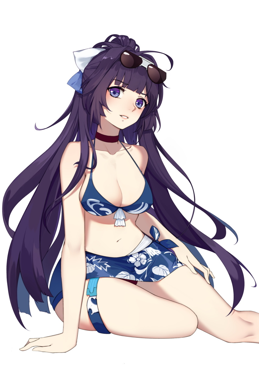 1girl, bare_shoulders, bikini, blue_eyes, blunt_bangs, blush, breasts, choker