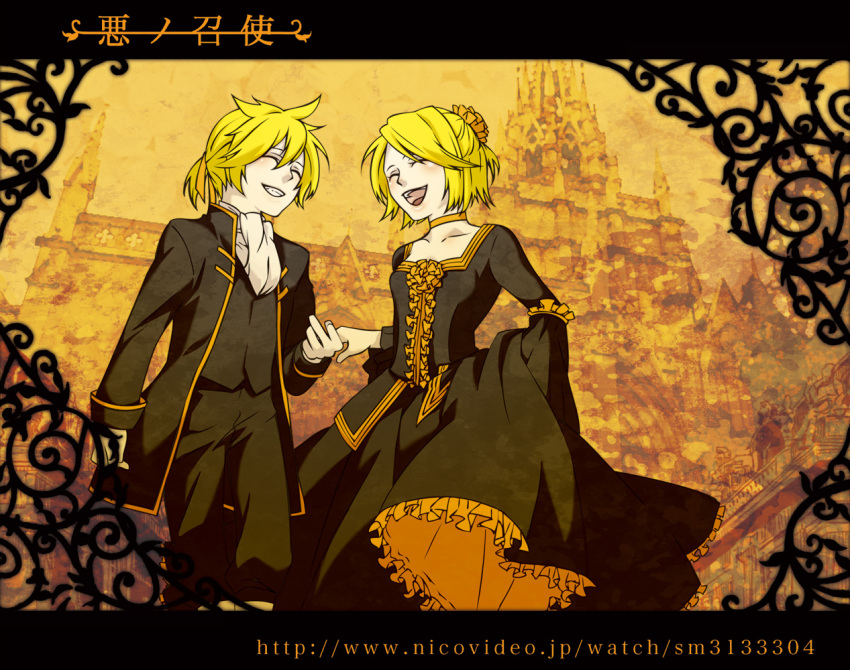 1boy, 1girl, aku_no_musume_(vocaloid), allen_avadonia, bad_id, bad_pixiv_id, black_dress, blonde_hair, daughter_of_evil, dress, evillious_nendaiki, formal_clothes, frills, good_end, hair_ribbon, holding_hands, hetero, kagamine_len, kagamine_rin, ribbon, riliane_lucifen_d'autriche, sabo, sabo_(srapenil), short_hair, smile, vocaloid