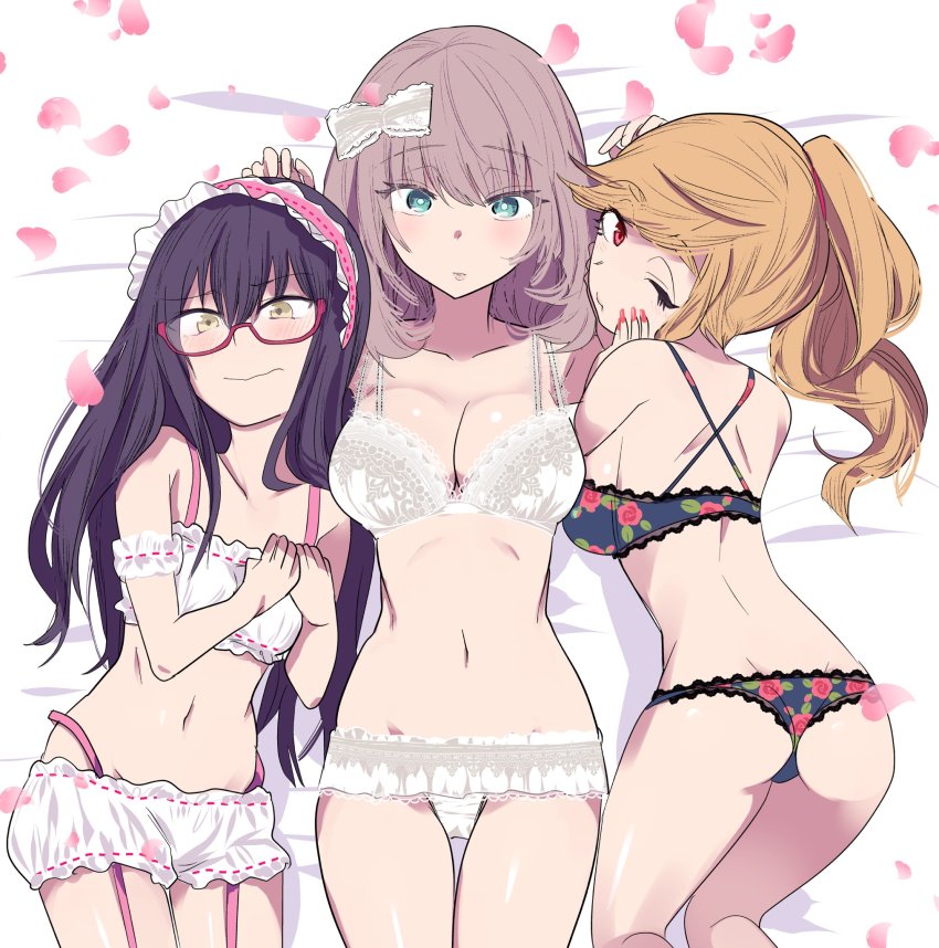 3girls, aqua_eyes, ass, azu_(azu401), bare_shoulders, bespectacled, black_hair, blush, bra, breasts, cleavage, closed_mouth, collarbone, fingernails, from_above, garter_belt, glasses, grey_hair, groin, hair_ornament, highres, lace, lace-trimmed_bra, lace-trimmed_legwear, lace_trim, large_breasts, legs_together, lingerie, long_fingernails, long_hair, looking_at_viewer, looking_back, lying, madara-san, multiple_girls, nail_polish, navel, on_back, on_bed, on_stomach, one_eye_closed, orange_hair, panties, parted_lips, petals, ponytail, red_eyes, red_nails, saki-chan_(tejina_senpai), short_hair, small_breasts, tejina_senpai, tejina_senpai_(series), thigh_gap, underwear, underwear_only, white_bra, yellow_eyes