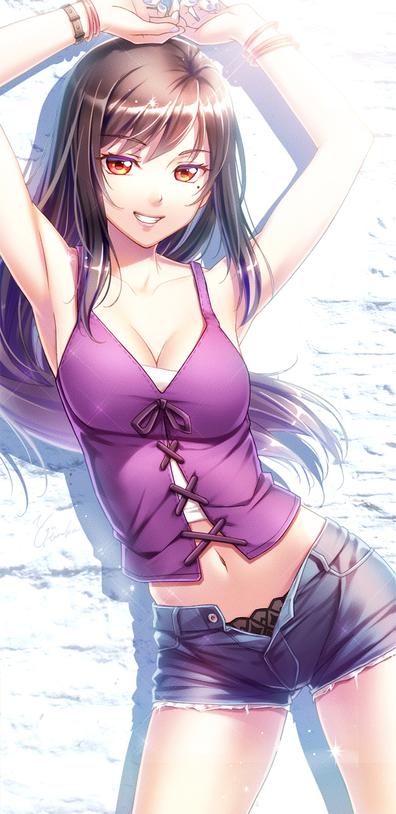 1girl, armpits, arms_up, black_nails, black_panties, blue_shorts, bracelet, breasts