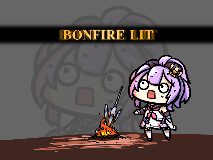 1girl, azur_lane, bonfire, chibi, commentary, commentary_request, crown, dark_souls_(series), dark_souls_i, english_text, female_focus, fire, full_body, gameplay_mechanics, grey_background, highres, javelin_(azur_lane), javelin_(retrofit)_(azur_lane), kagami_kino, mini_crown, neckerchief, o_o, parody, pink_neckerchief, purple_hair, rectangular_mouth, revision, solo, standing, surprised, sweat, zoom_layer