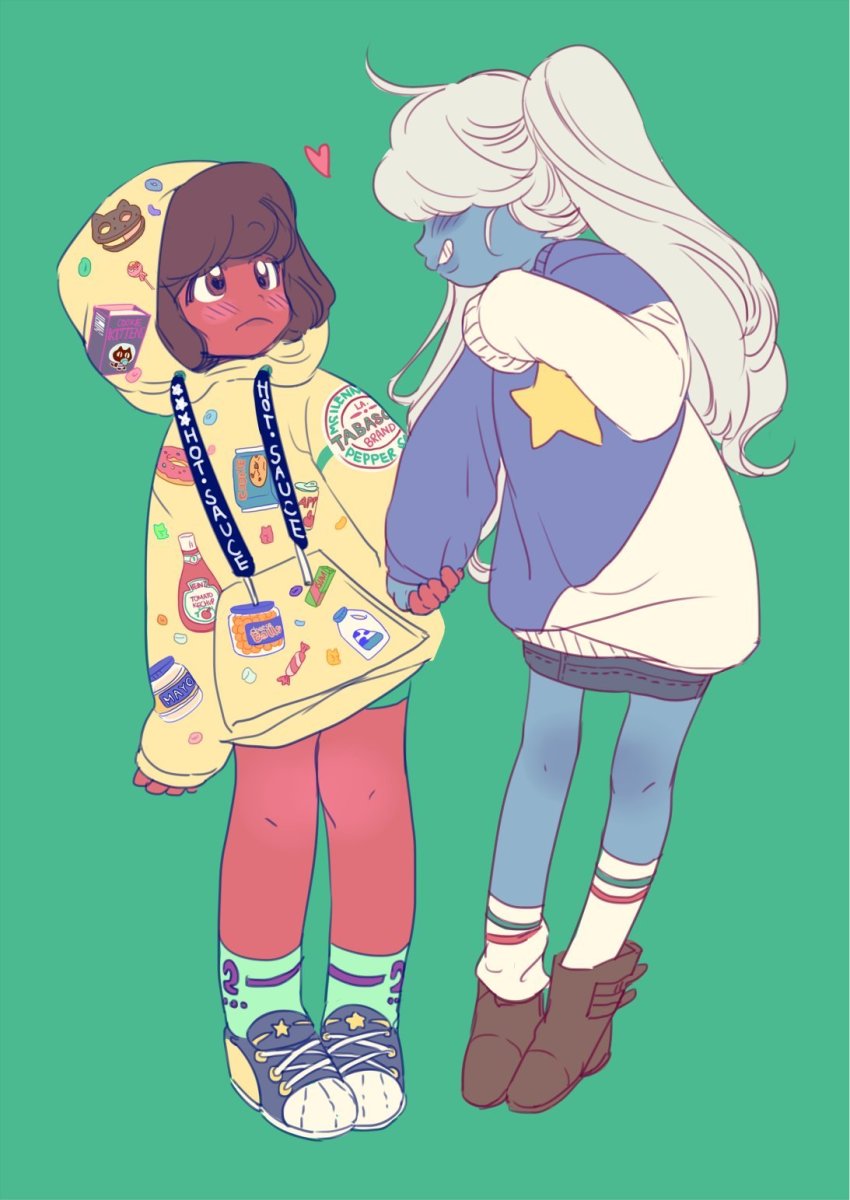 2girls, alternate_costume, animal_print, blue_footwear, blue_skin, blush, bottle, brown_eyes