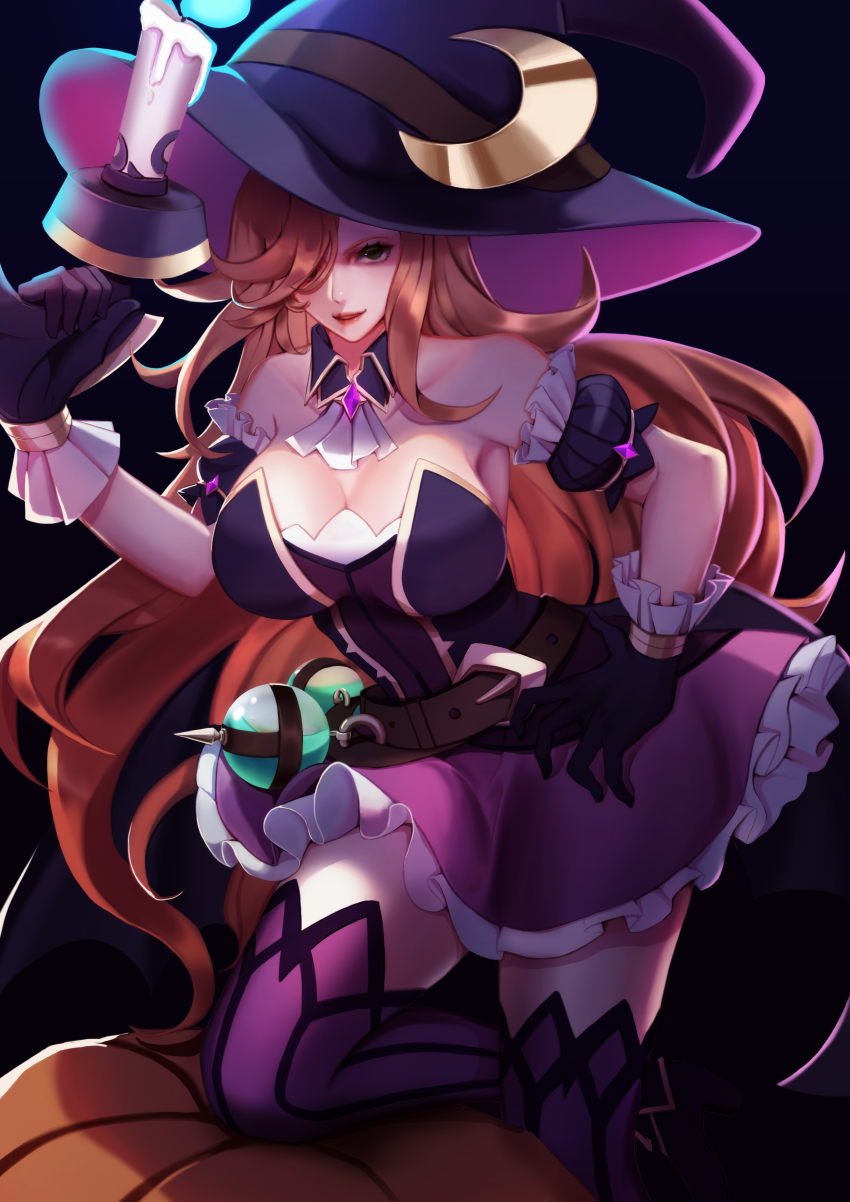 1girl, absurdres, bewitching_miss_fortune, boots, breasts, candle, cat, cleavage