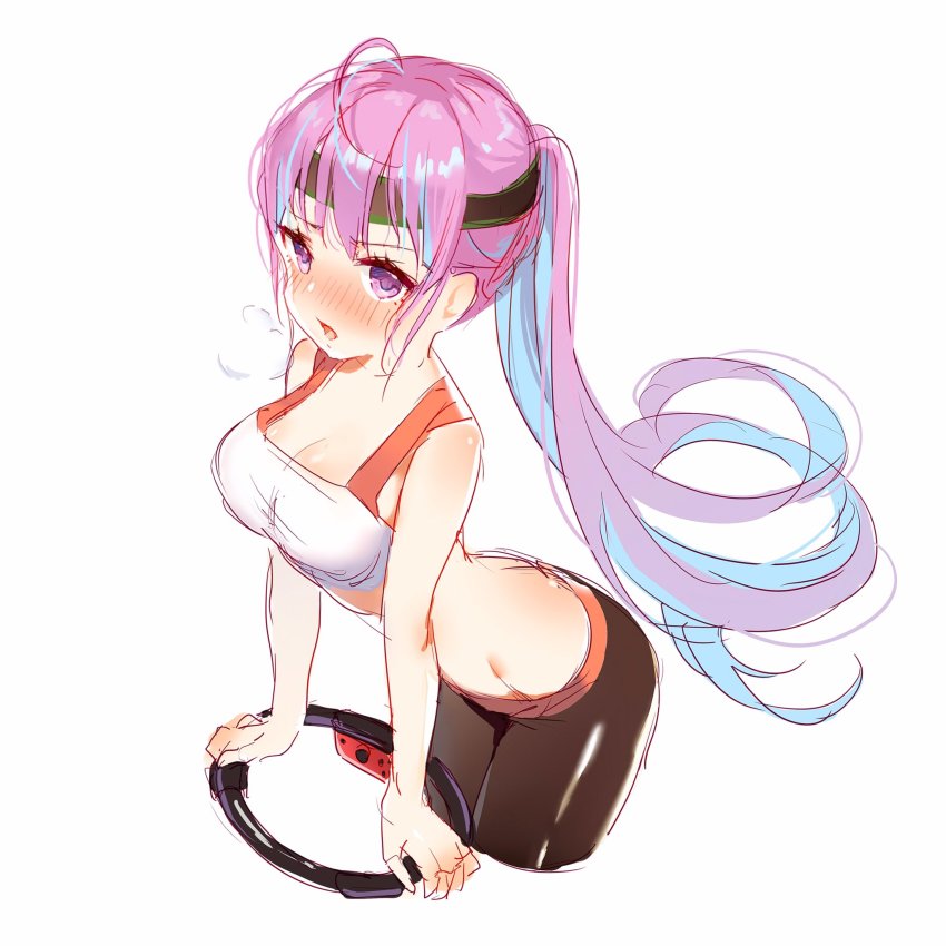 1girl, ahoge, bare_legs, bare_shoulders, bike_shorts, black_shorts, blue_hair, blush