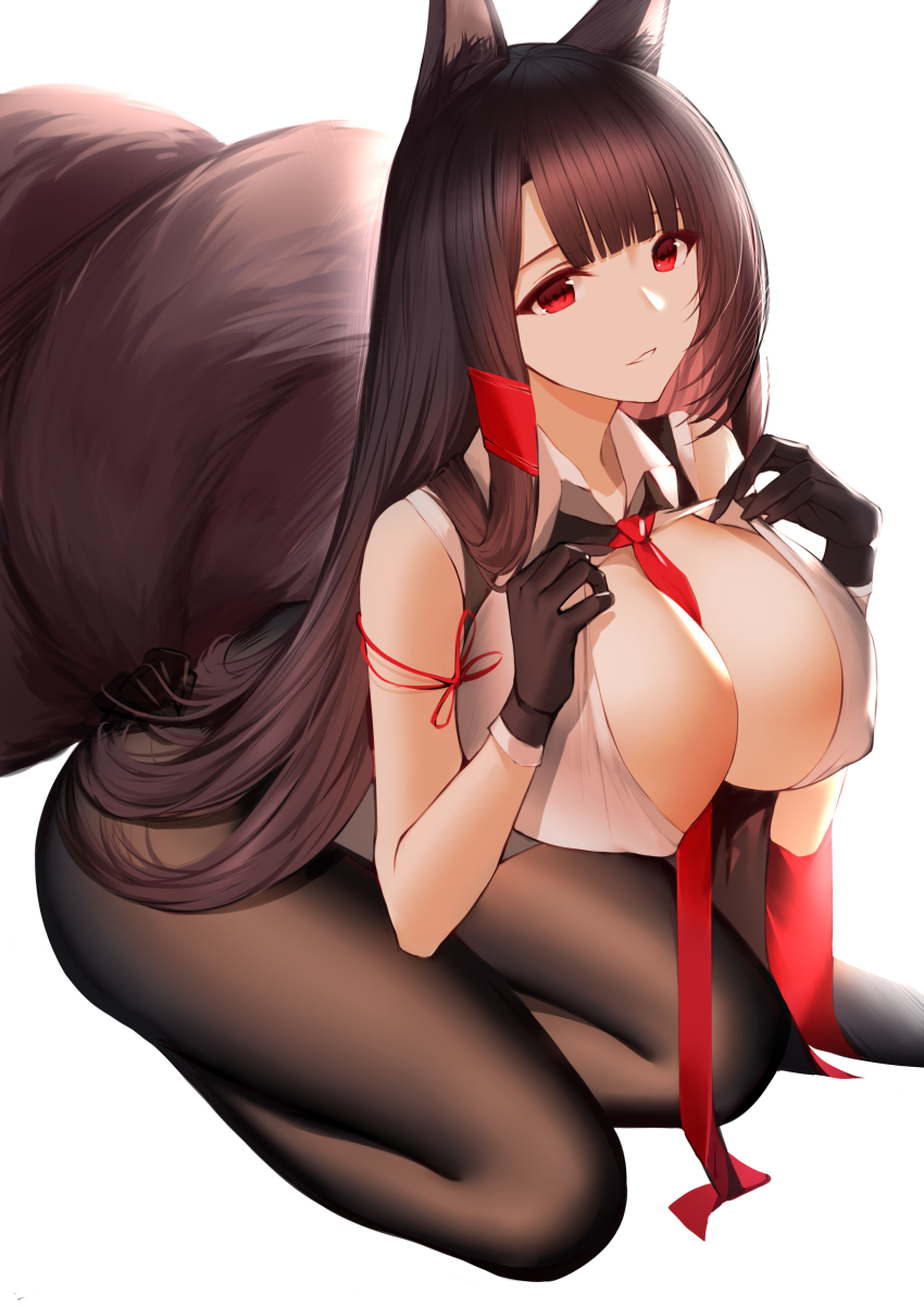 1girl, absurdres, akagi_(azur_lane), akagi_(muse)_(azur_lane), an_yasuri, animal_ears, azur_lane, bare_shoulders, between_breasts, black_gloves, breasts, brown_hair, brown_pantyhose, cleavage, covered_erect_nipples, female_focus, fox_ears, fox_girl, fox_tail, gloves, hands_on_own_chest, hands_up, highres, kitsune, large_breasts, long_hair, looking_at_viewer, multiple_tails, necktie, pantyhose, parted_lips, red_eyes, red_necktie, seiza, shirt, simple_background, sitting, sleeveless, sleeveless_shirt, solo, tail, thighs, very_long_hair, white_background, white_shirt