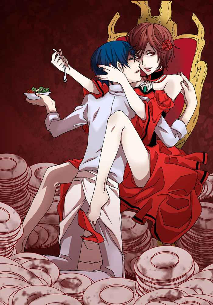 1boy, 1girl, akujiki_musume_conchita_(vocaloid), bad_id, bad_pixiv_id, barefoot, blue_hair, brown_eyes, brown_hair, closed_eyes, clothes_lift, detached_sleeves, dress, dress_lift, evillious_nendaiki, flower, food, fork, hand_on_another's_head, high_heels, kaito_(vocaloid), meiko_(vocaloid), nail_polish, plate, red_dress, red_nails, rose, sabo, sabo_(srapenil), salad, shoe_dangle, shoes, smile, vocaloid