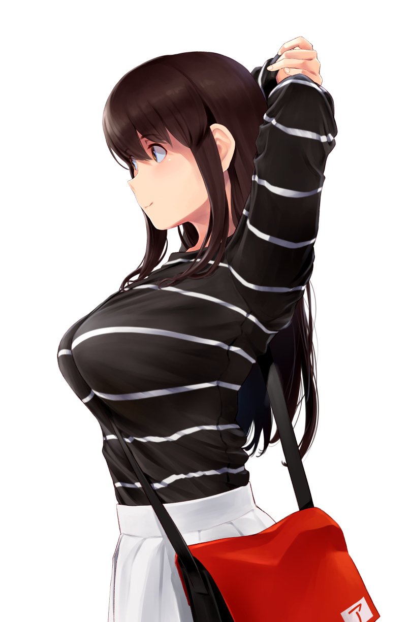 1girl, akagi_(kancolle), akagi_(kure_2019)_(kancolle), armpits, bag, between_breasts, blush, breasts, brown_eyes, brown_hair, closed_mouth, female_focus, hair_between_eyes, highres, kantai_collection, long_hair, official_alternate_costume, shirt, simple_background, skirt, smile, solo, straight_hair, strap_between_breasts, striped_clothes, striped_shirt, taut_clothes, wa_(genryusui), white_background, white_skirt