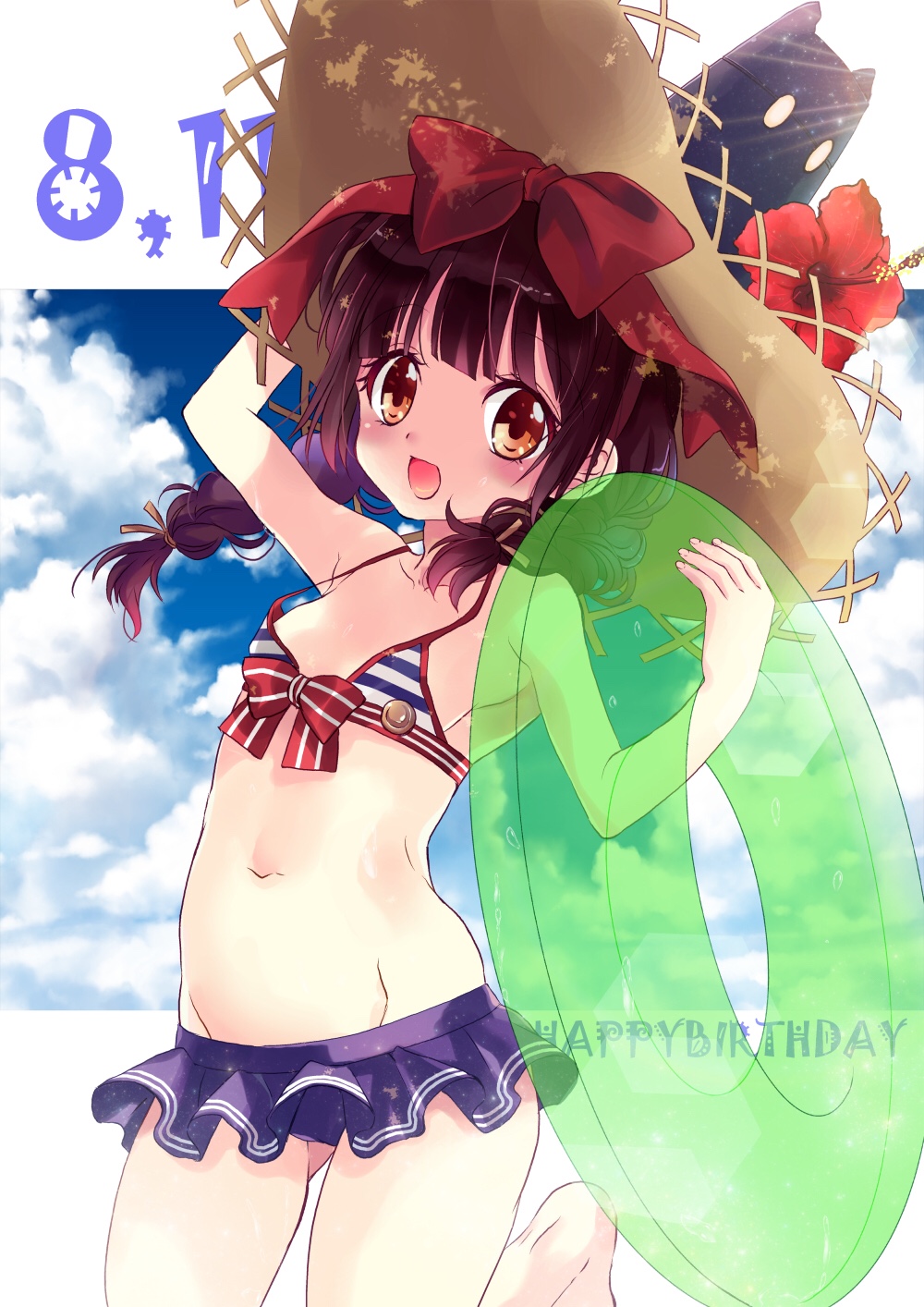 1girl, alternate_costume, barefoot, bikini, blush, bow, braid, breasts, brown_eyes, brown_hair, cloud, dated, female_focus, fire_emblem, flower, happy_birthday, highres, innertube, long_hair, minamoto_mamori, navel, nintendo, shirayuki_shion, sky, small_breasts, solo, swim_ring, swimsuit, tokyo_mirage_sessions_fe, twin_braids, white_background