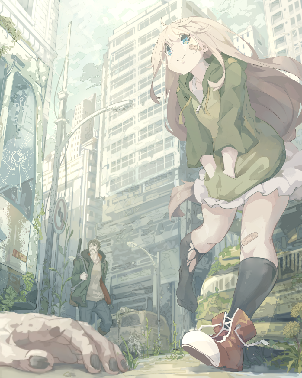 1boy, 1girl, 2others, bandaid, bandaid_on_face, bandaid_on_knee, bandaid_on_leg, black_eyes