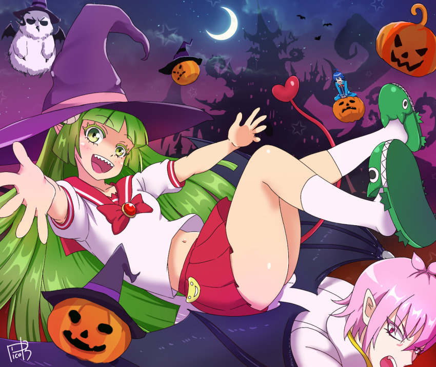 10s, 1girl, 2019, 3boys, ahoge, angry, asmodeus_alice, blue_eyes, blue_hair, blue_shirt, blunt_bangs, blush, demon, demon_girl, demon_tail, demon_wings, from_side, green_eyes, green_footwear, green_hair, hair_between_eyes, halloween, happy, hat, heart, heart_tail, hime_cut, horns, jack-o'-lantern, jumping, legs_up, long_hair, looking_at_viewer, mairimashita!_iruma-kun, matching_hair/eyes, midriff_peek, multiple_boys, naberius_kalego, navel, night, open_mouth, outdoors, outstretched_arms, pink_eyes, pink_hair, pink_shirt, pleated_skirt, pointy_ears, pumpkin, red_skirt, school_uniform, serafuku, sharp_teeth, shiny_skin, shirt, skirt, slippers, smile, spread_arms, suzuki_iruma, tail, tareme, teeth, tsurime, upper_teeth_only, valac_clara, very_long_hair, wings, witch_hat