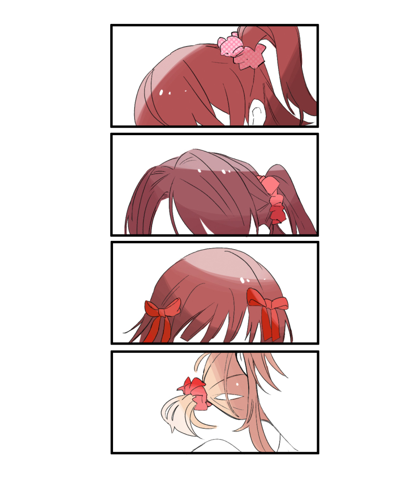 4girls, 4koma, agohimo, amami_haruka, bad_id, bad_pixiv_id, brown_hair, comic, hair_ribbon, head_out_of_frame, highres, idolmaster, idolmaster_(classic), idolmaster_cinderella_girls, idolmaster_million_live!, idolmaster_shiny_colors, kasuga_mirai, multiple_girls, out_of_frame, red_hair, ribbon, sakuragi_mano, scrunchie, shimamura_uzuki, side_ponytail, textless_version, trait_connection