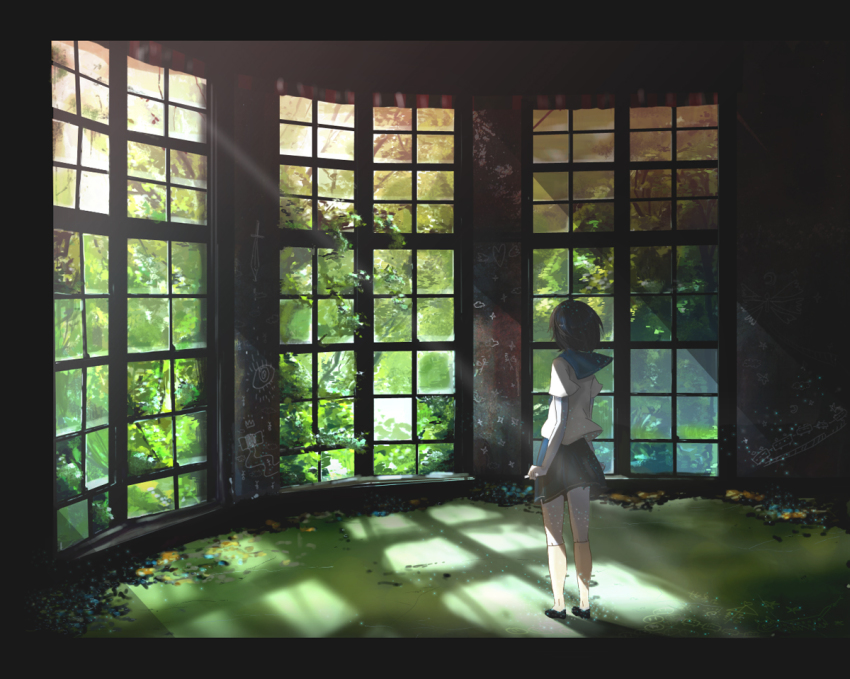 1girl, ao_(aohari), ao_(artist), female_focus, graffiti, indoors, light, nature