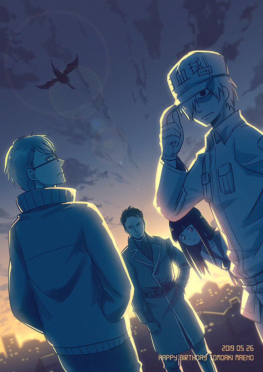 3boys, belt, black_hair, blunt_bangs, dated, dragon, dutch_angle, facial_hair, fairy_gone, free_underbar, glasses, gloves, hair_over_one_eye, happy_birthday, hataraku_saibou, highres, jacket, lens_flare, long_hair, mayonaka_no_occult_koumuin, multiple_boys, sakaki_kyouichi, tensei_shitara_slime_datta_ken, twilight, veldora_(tensura), voice_actor_connection, white_blood_cell_(hataraku_saibou)