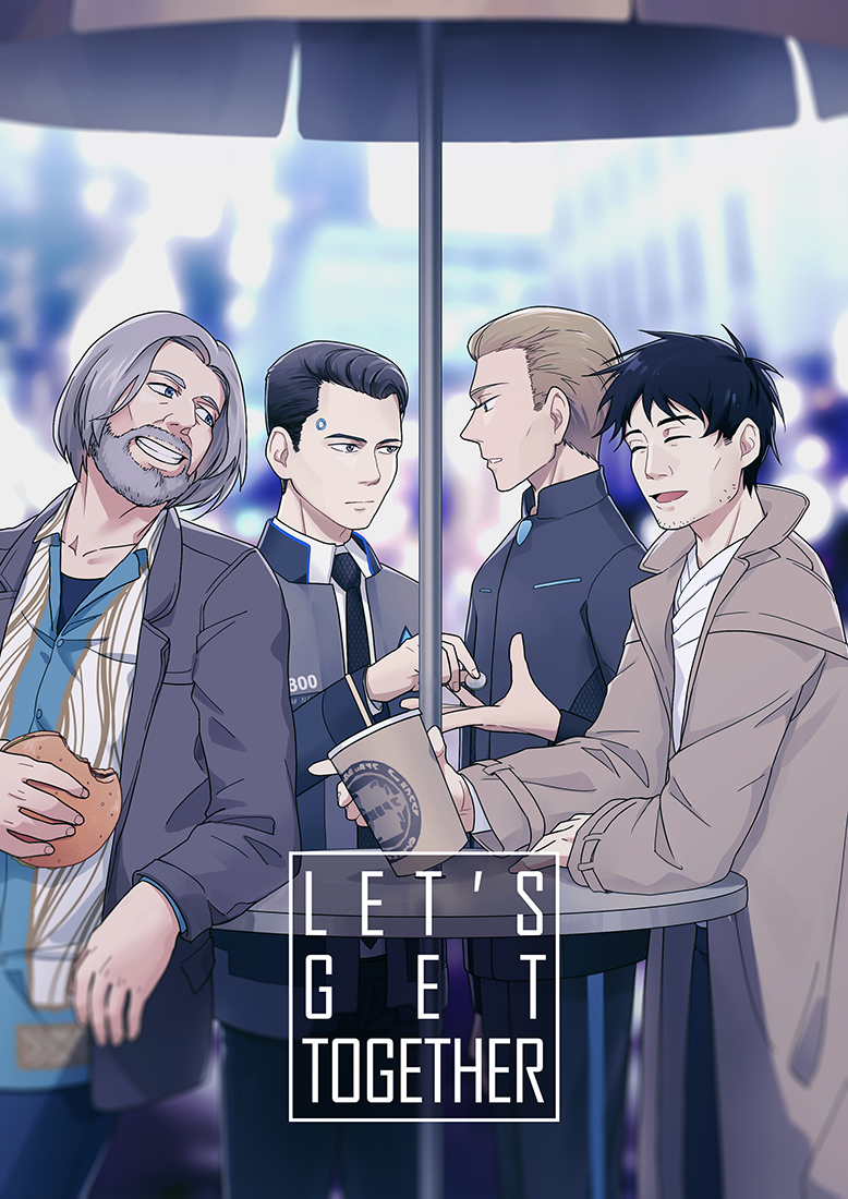 4boys, black_hair, black_neckwear, blazer, blue_eyes, blurry, blurry_background, brown_coat