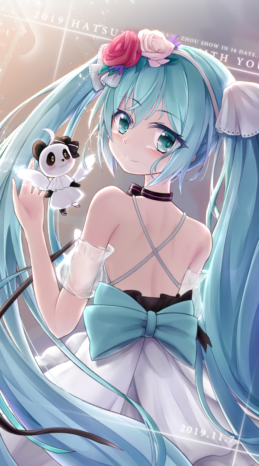 1girl, aqua_eyes, aqua_hair, bare_shoulders, blush, dated, dress, eyebrow_piercing