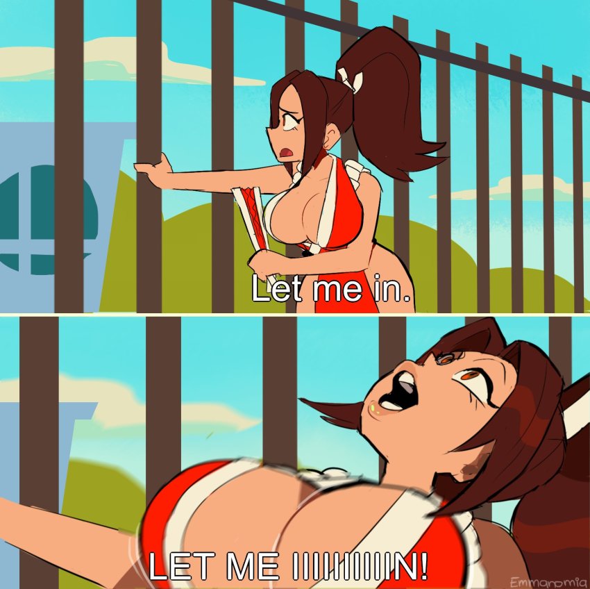 1girl, borrowed_character, breasts, brown_eyes, brown_hair, cleavage, curvy, emmanomia23, english_text, fatal_fury, female_focus, fence, folding_fan, hand_fan, highres, large_breasts, long_hair, meme, nintendo, ponytail, revealing_clothes, shiranui_mai, solo, super_smash_bros., the_eric_andre_show, the_king_of_fighters