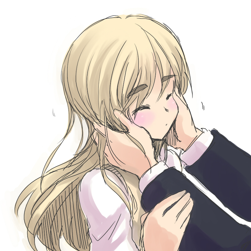 00s, 1girl, blonde_hair, blush, closed_eyes, hands_on_another's_face, k-on!, kotobuki_tsumugi