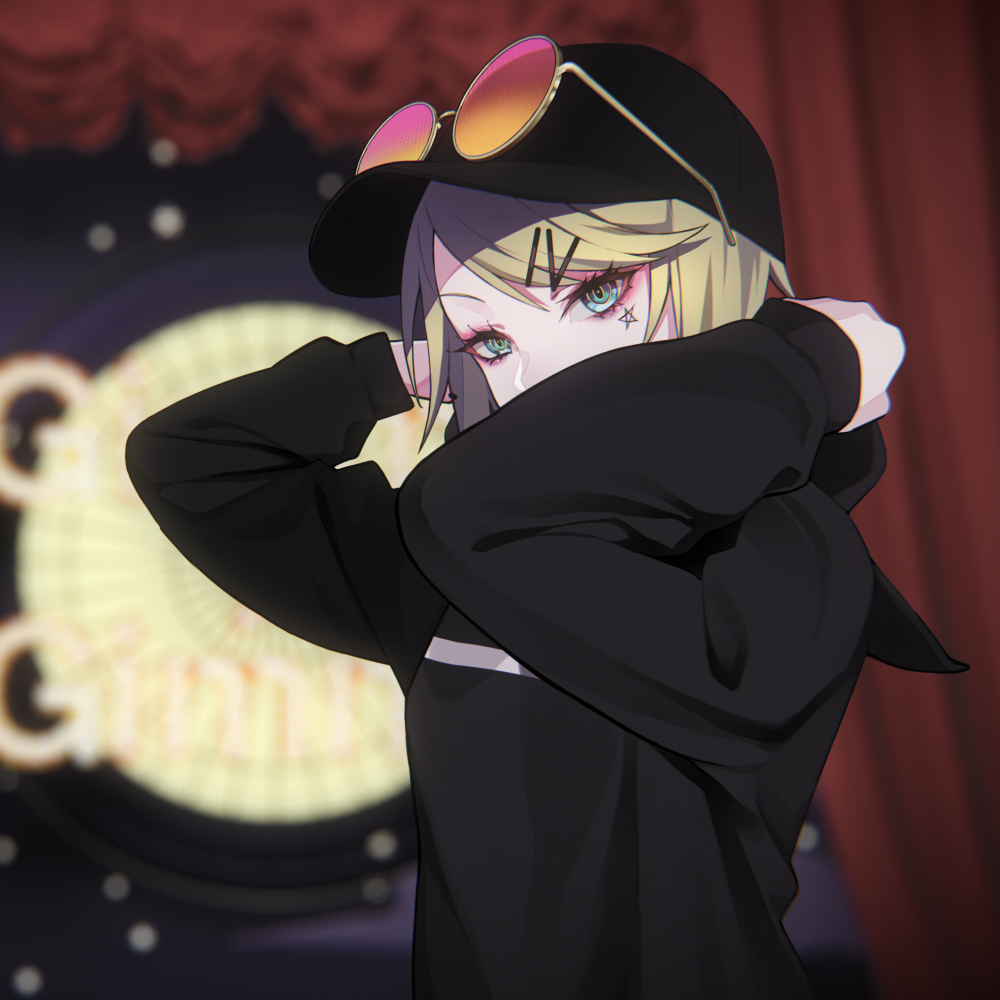 1girl, baseball_cap, black_hat, black_hoodie, blonde_hair, blurry, blurry_background, covered_mouth, curtains, depth_of_field, eyewear_on_headwear, facial_mark, female_focus, gimmexgimme_(vocaloid), green_eyes, hair_ornament, hairclip, hands_up, hat, hood, hood_down, hoodie, kagamine_rin, lam_(ramdayo), long_sleeves, looking_at_viewer, round_eyewear, solo, star_(symbol), sunglasses, upper_body, vocaloid