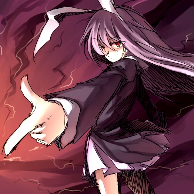 1girl, animal_ears, blazer, female_focus, finger_gun, foreshortening, jacket, onimaru, onimaru_gonpei, purple_hair, rabbit_ears, red_eyes, reisen_udongein_inaba, sketch, solo, standing, touhou