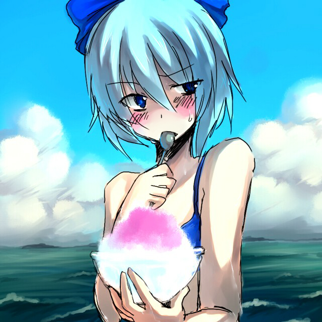 1girl, bare_shoulders, beach, blue_eyes, blue_hair, blush, cirno, day