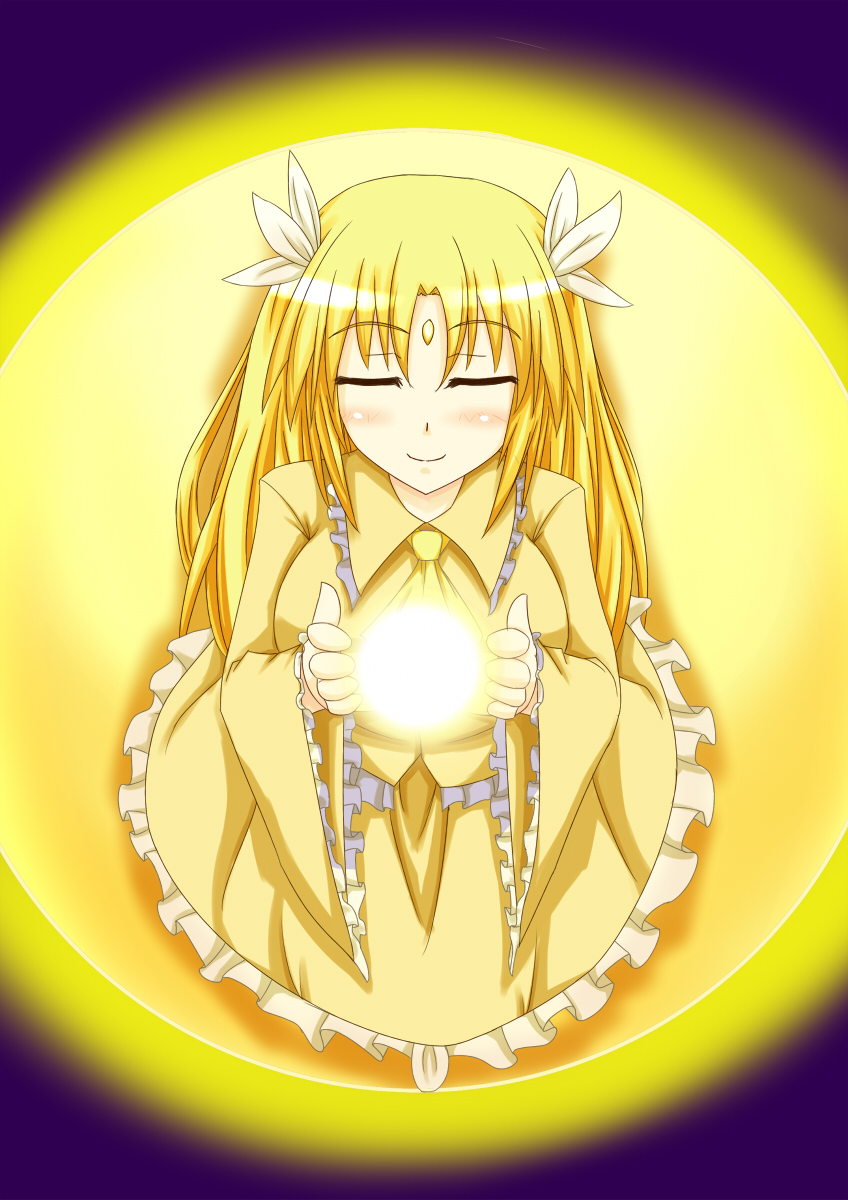 1girl, blonde_hair, dress, closed_eyes, hair_ornament, highres, kikuri_(touhou), long_hair