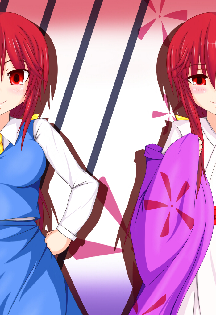 2girls, blush, dual_persona, japanese_clothes, kimono, kotohime_(touhou), looking_at_viewer, multiple_girls