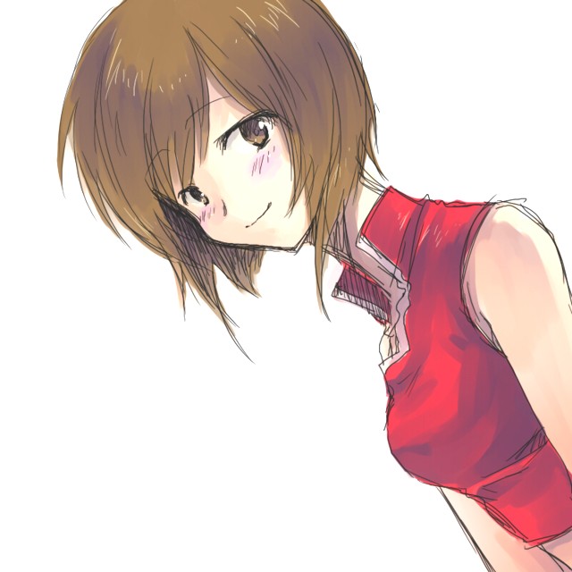 1girl, blush, breasts, brown_eyes, brown_hair, female_focus, meiko_(vocaloid), midriff_peek