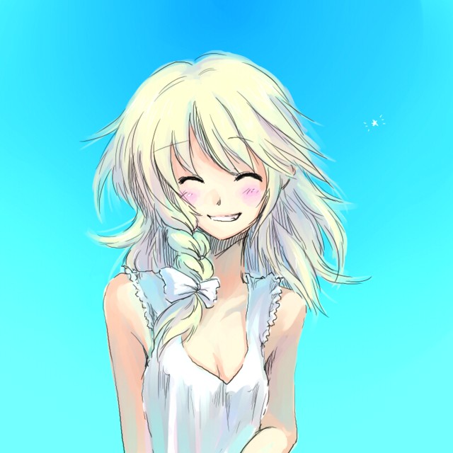 1girl, alternate_costume, bare_shoulders, blonde_hair, blush, braid, closed_eyes, contemporary, female_focus, gradient_background, grin, happy, kirisame_marisa, long_hair, onimaru, onimaru_gonpei, short_hair, sky, smile, solo, touhou