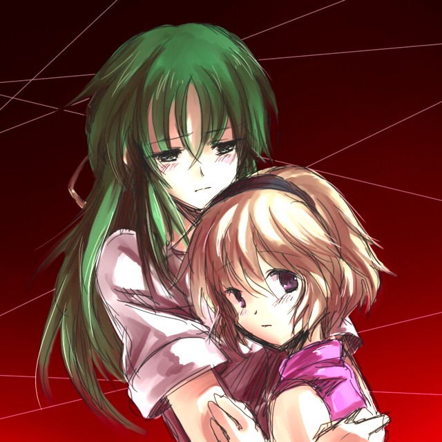 00s, 2girls, blonde_hair, green_hair, hairband, higurashi_no_naku_koro_ni, houjou_satoko, long_hair