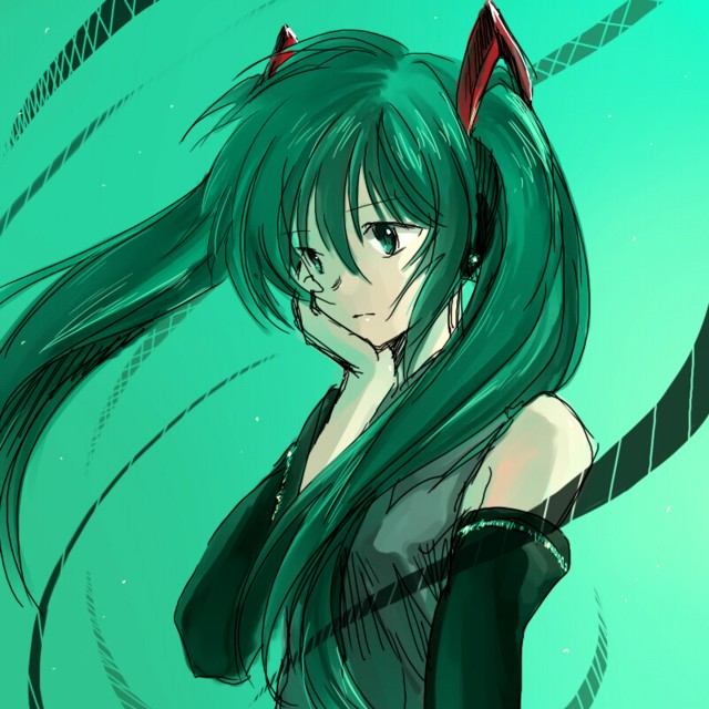 detached_sleeves, green_eyes, green_hair, hatsune_miku, onimaru, onimaru_gonpei, solo, twintails