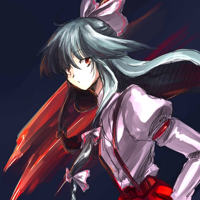 1girl, black_background, black_hair, female_focus, fujiwara_no_mokou, onimaru, onimaru_gonpei, red_eyes