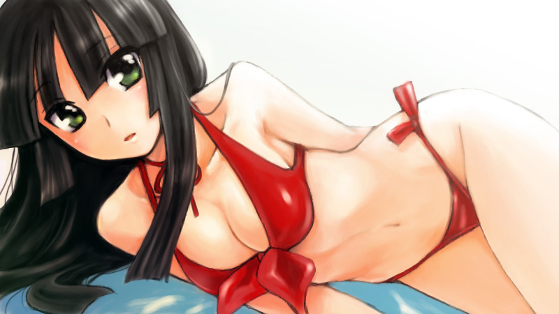 00s, 1girl, bare_shoulders, bikini, black_hair, blush, breasts, cleavage