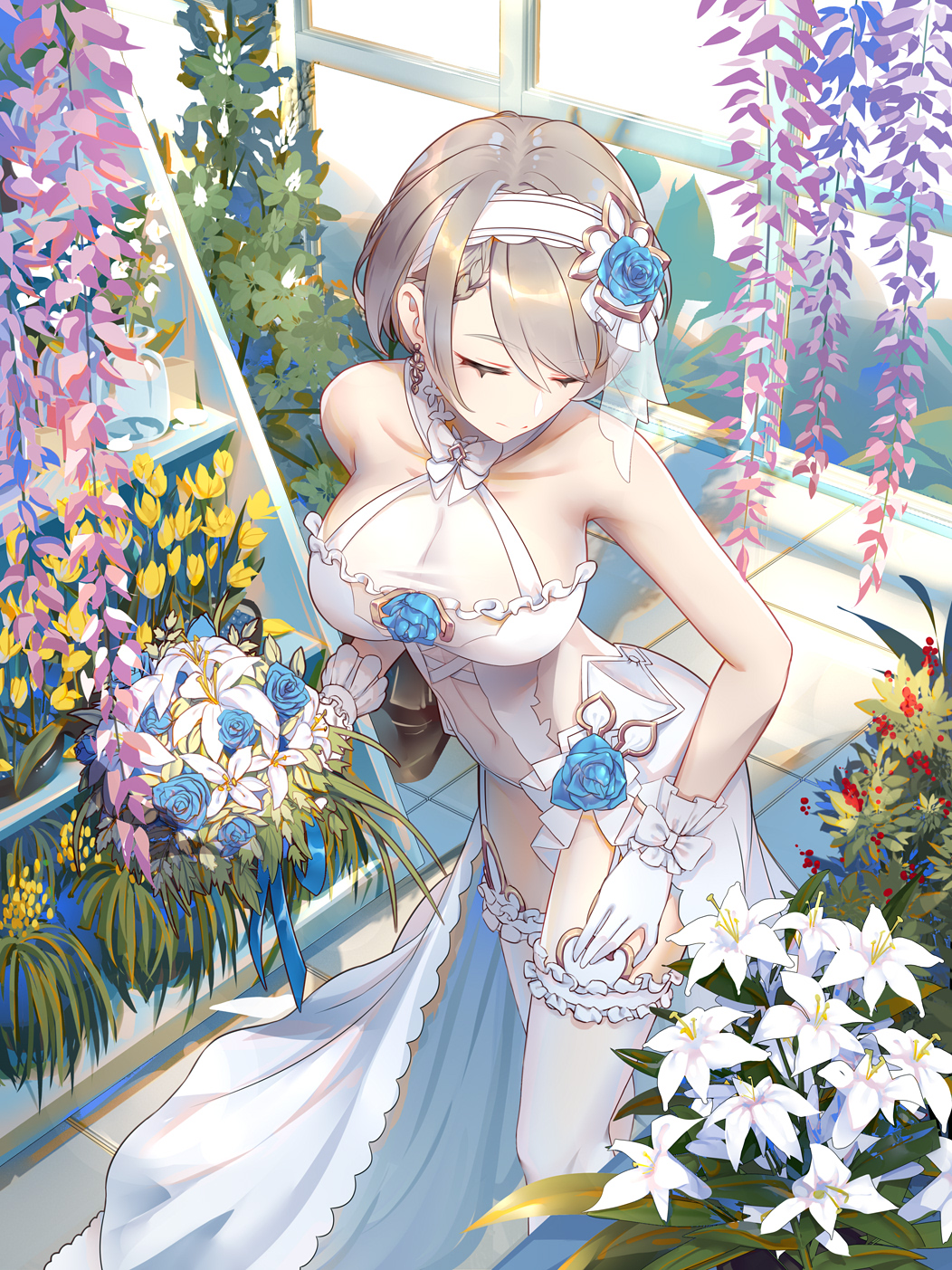 1girl, alternate_costume, bare_shoulders, blue_flower, blue_rose, blush, bouquet, braid