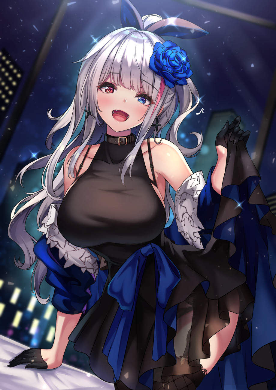 1girl, :d, black_dress, black_gloves, blue_eyes, blurry, blurry_background, blush, breasts, cenangam, choker, collarbone, commentary_request, cross, cross_earrings, dress, earrings, female_focus, flower, garter_straps, girls'_frontline, gloves, grey_hair, hair_flower, hair_ornament, hair_ribbon, half_gloves, heart, heart-shaped_pupils, heavy_breathing, heterochromia, highres, indoors, jewelry, long_hair, looking_at_viewer, mdr_(cocktail_observer)_(girls'_frontline), mdr_(girls'_frontline), multicolored_hair, night, off_shoulder, official_alternate_costume, one_side_up, open_mouth, pink_eyes, pink_hair, ribbon, sidelocks, smile, solo, sparkle, streaked_hair, sweat, symbol-shaped_pupils, thighhighs, window