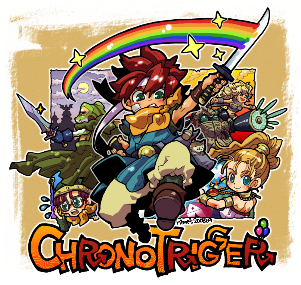 1990s_(style), 1other, 2boys, 3girls, :o, angry, ayla_(chrono_trigger), belt, blonde_hair, blue_eyes, blush, boots, cape, cat, chrono_(series), chrono_trigger, crono_(chrono_trigger), fantasy, fingernails, frog, frog_(chrono_trigger), fur, glasses, green_eyes, hat, headband, himeno_yuuma, jewelry, long_hair, lucca_ashtear, marle_(chrono_trigger), messy_hair, midriff, moon, multiple_boys, multiple_girls, pants, pendant, ponytail, purple_hair, rainbow, red_hair, retro_artstyle, robo_(chrono_trigger), robot, scarf, short_hair, smile, spiked_hair, star_(symbol), sweat, sword, weapon, wrist_cuffs