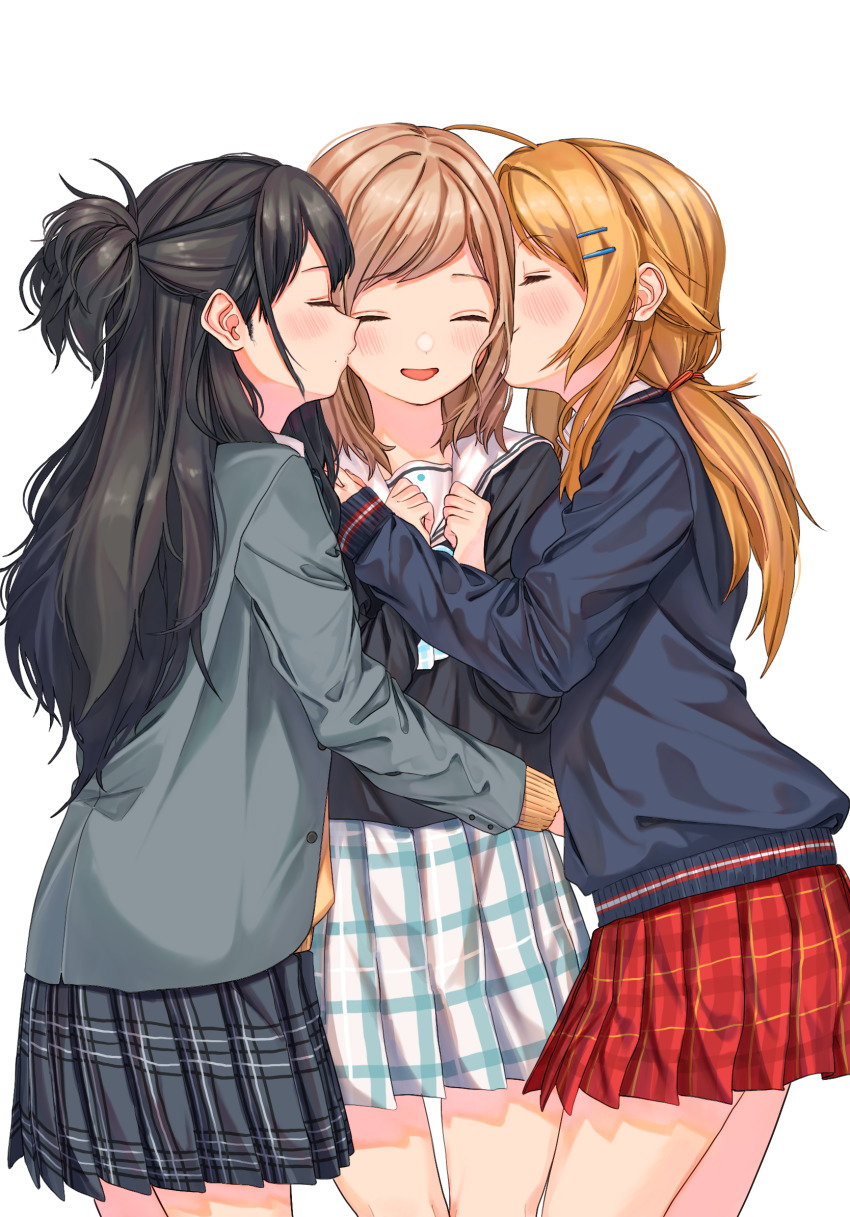 3girls, :d, black_hair, blue_jacket, blush, clenched_hands, closed_eyes, girl_sandwich