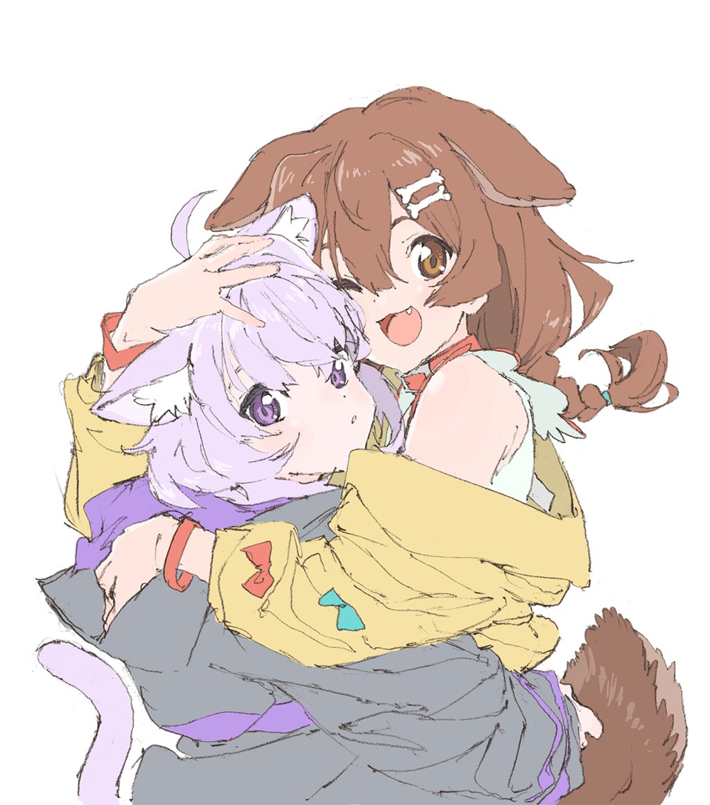 2girls, ahoge, animal_ear_fluff, animal_ears, black_hoodie, blush, bone_hair_ornament, braid, brown_eyes, brown_hair, cat_girl, cat_tail, collar, dog_ears, dog_girl, dog_tail, fang, hair_ornament, hand_on_another's_head, hololive, hood, hoodie, hug, inugami_korone, inugami_korone_(1st_costume), looking_at_viewer, marugayotsu, medium_hair, multiple_girls, nekomata_okayu, nekomata_okayu_(1st_costume), off_shoulder, one_eye_closed, open_mouth, purple_eyes, purple_hair, short_hair, simple_background, smile, tail, upper_body, virtual_youtuber, white_background
