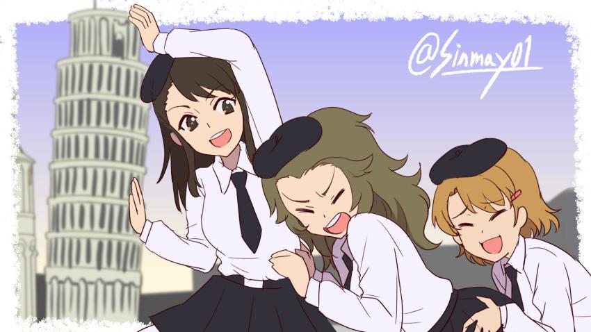 3girls, amaretto_(girls_und_panzer), anzio_school_uniform, beret, black_headwear, black_neckwear, black_skirt, blue_sky, blurry, blurry_background, brown_hair, closed_eyes, commentary, day, depth_of_field, dress_shirt, gelato_(girls_und_panzer), girls_und_panzer, hair_ornament, hairclip, hands_on_another's_back, hat, highres, landmark, leaning_to_the_side, leaning_tower_of_pisa, long_hair, long_sleeves, looking_at_viewer, miniskirt, multiple_girls, necktie, one-hour_drawing_challenge, open_mouth, outdoors, panettone_(girls_und_panzer), pantyhose, perspective, pleated_skirt, school_uniform, shinmai_(kyata), shirt, short_hair, skirt, sky, smile, standing, twitter_username, white_shirt