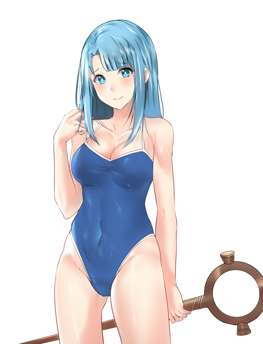 1girl, absurdres, blue_eyes, blue_hair, blue_one-piece_swimsuit, blush, breasts, cleavage