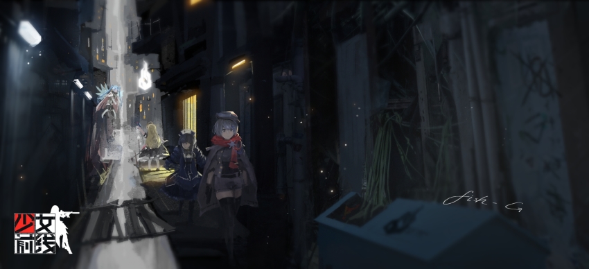 4girls, belt, black_legwear, blonde_hair, blue_hair, breasts, child, comic