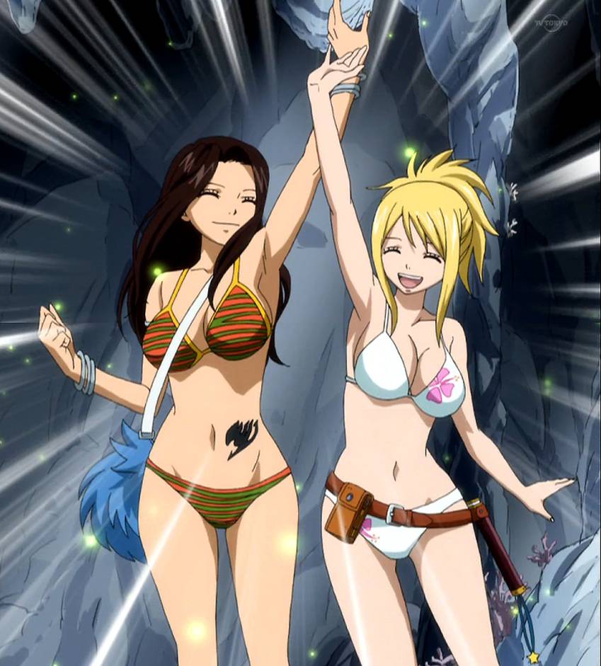 2girls, bag, belly, belt, bikini, blonde_hair, bracelet, breasts, brown_hair, cana_alberona, cleavage, closed_eyes, fairy_tail, flower_print, flower_print_bikini, green_bikini, handbag, high_five, jewelry, long_hair, lucy_heartfilia, multiple_girls, navel, open_mouth, orange_bikini, ponytail, screencap, stomach_tattoo, striped_bikini, striped_clothes, swimsuit, tagme, tattoo, white_bikini